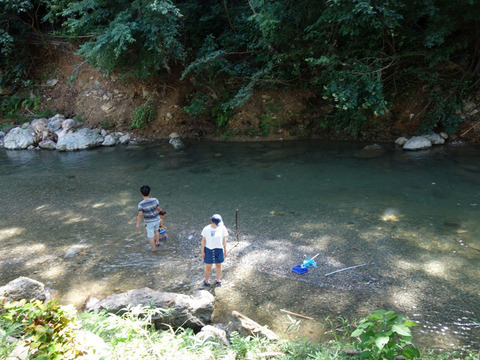 川で水遊び