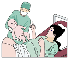 出産後、分娩台に寝たまま、医師に抱かれた赤ちゃんと対面する母親のイラスト