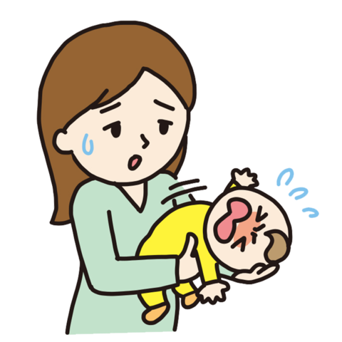 赤ちゃんが身体をのけぞって泣いているのを抱っこしているお母さんは困った顔をしている