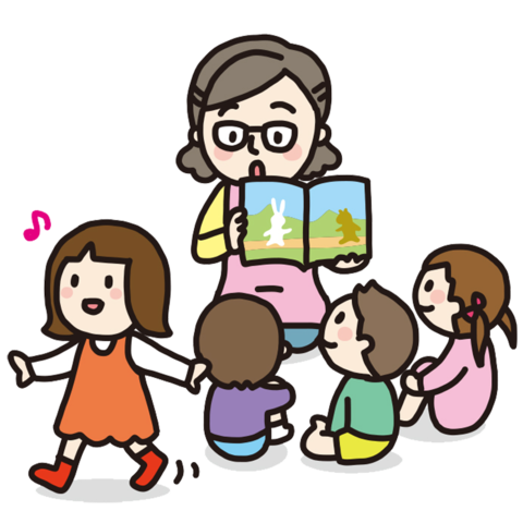 大勢の子供たちの前で女の人が絵本を読んでいる。その時に女の子が話を聞かずに他の場所へ向かっている様子