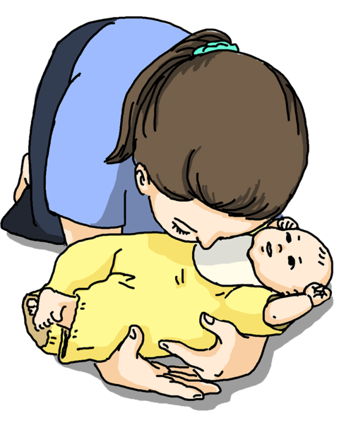 赤ちゃんの首と膝裏の辺りをすくうように入れ、抱き上げる様子のイラスト