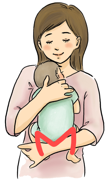 女性が赤ちゃんを股関節と膝が曲がった状態で抱っこしている画像