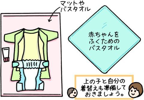 マットやバスタオル、赤ちゃんをふくためのバスタオル。上の子と自分の着替えも準備しておきましょう。